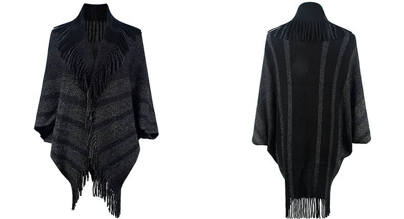 FRINGED CAPE COAT KNITTED STRIPED CAPE WOMAN