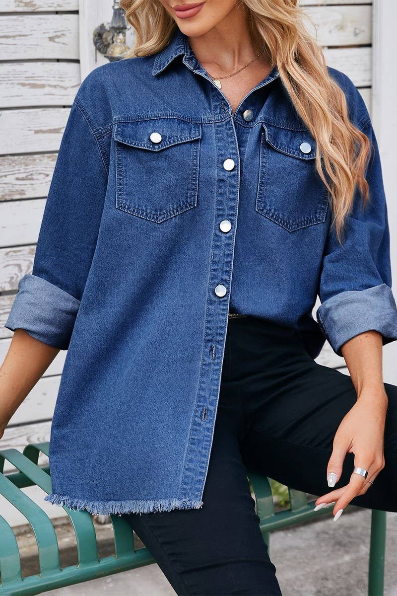 CWJT00079_WASHED RAW EDGE LONG SLEEVE LAPEL DENIM TOP