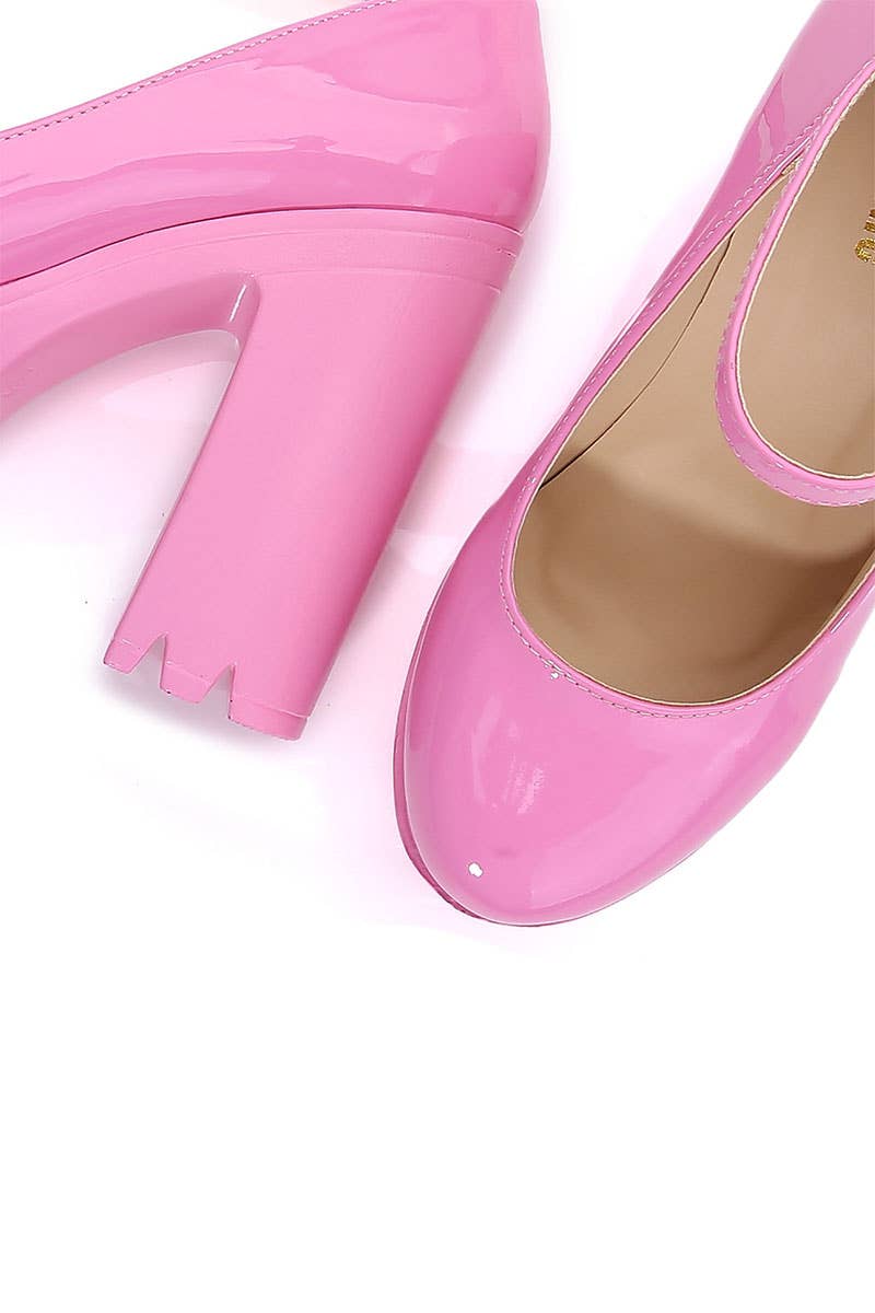 WOMEN PINK CHUNKY HEELED ANKLE STRAP ROUND PUMPS