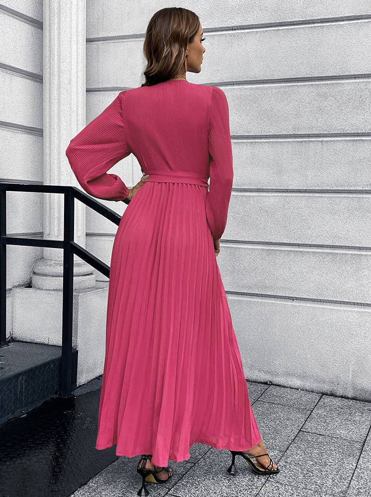 V-neck,long-sleeved,waist-cinching long dress