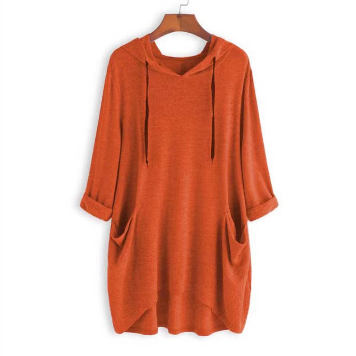 HOODED SOLID COLOR BAGGY IRREGULAR POCKET TOP