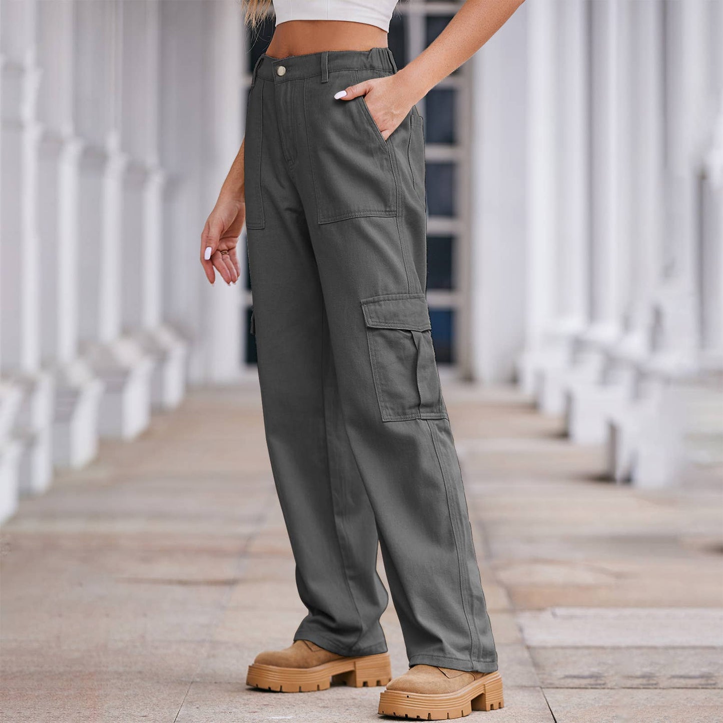 Washed semi-elastic waist denim workwear trousers