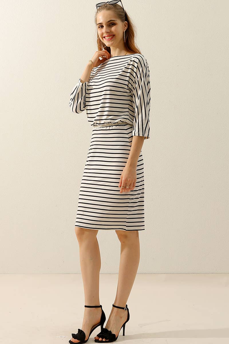 CWDMD803_BOAT NECK LONG SLEEVE DRAWSTRING KNEE MIDI DRESS