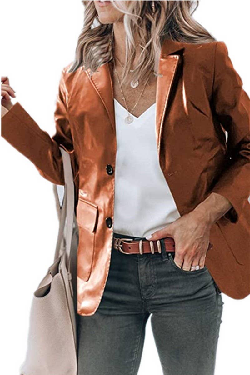 CWOCO0982_LAPEL SINGLE BREASTED SOLID COLOR PU LEATHER COAT