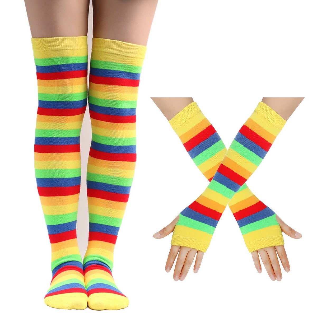 COLORFUL STRIPED KNEE SOCKS AND GLOVES SET