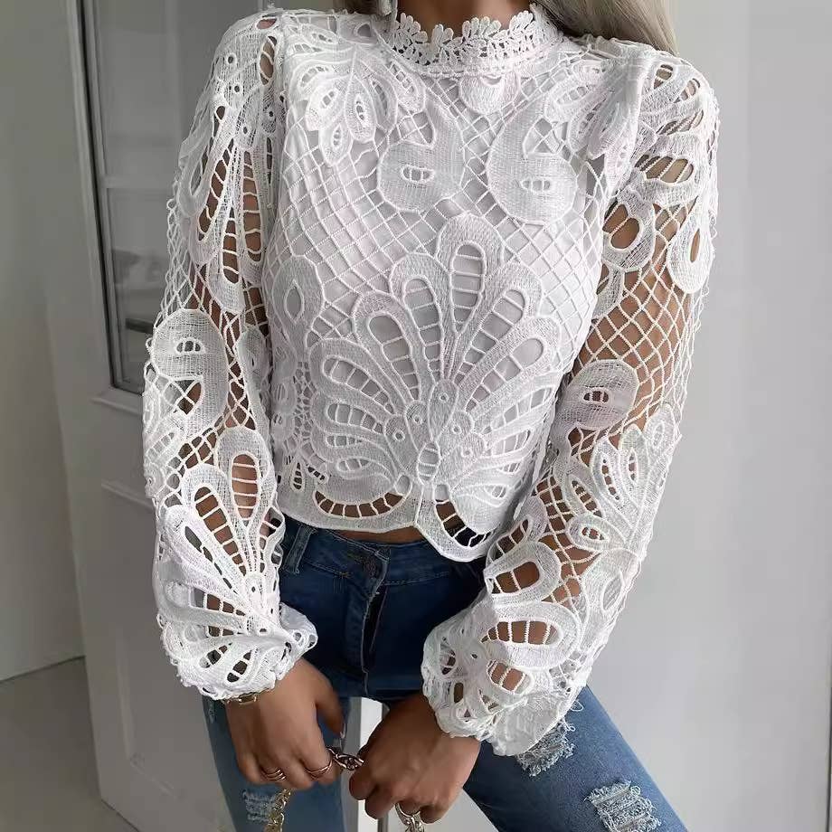 SEXY LACE CUTOUT LACE SOLID COLOR FASHION SHIRT