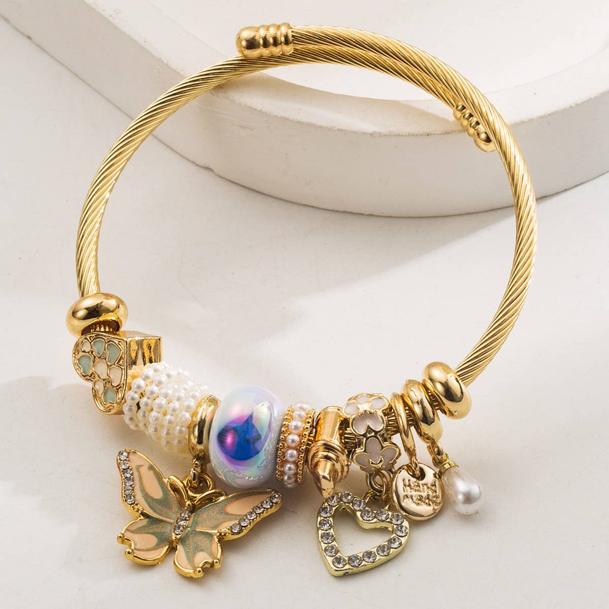 Elegant Butterfly & Heart Pendant Steel Bracelet