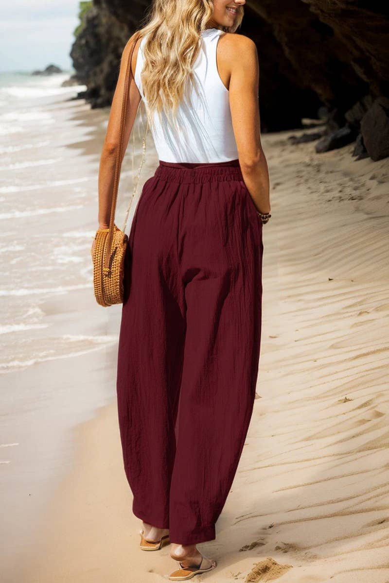 CWBLP01074_2025 WOMEN LINEN COTTON CASUAL PANTS ELASTIC WAIS