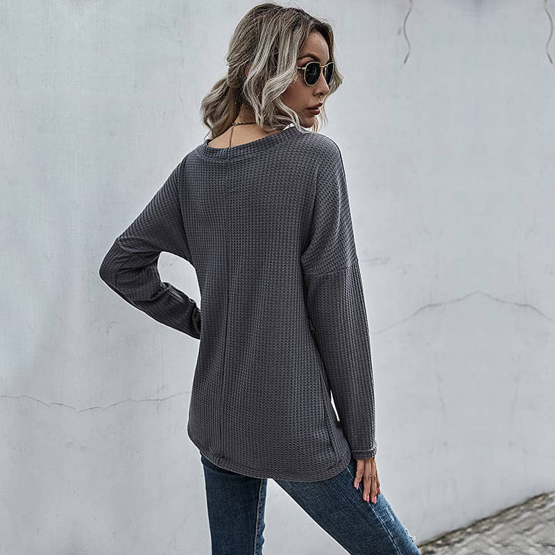 IRREGULAR LONG SLEEVE V-NECK SOLID COLOR SHIRT