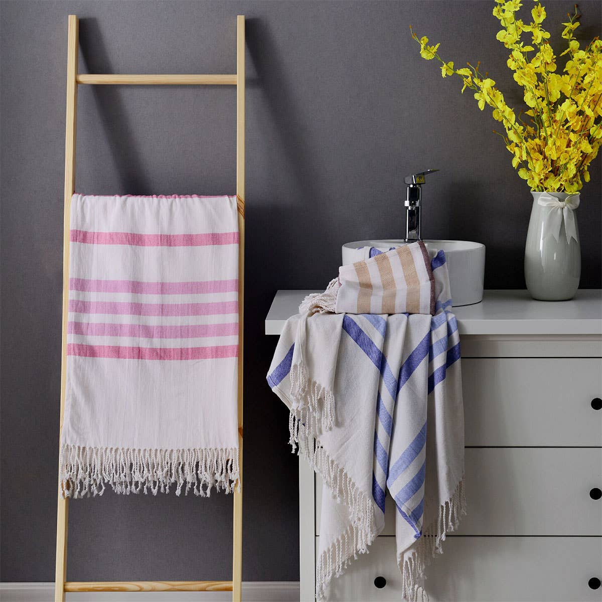Lightweight Cotton Striped Beach Towel with Tassels