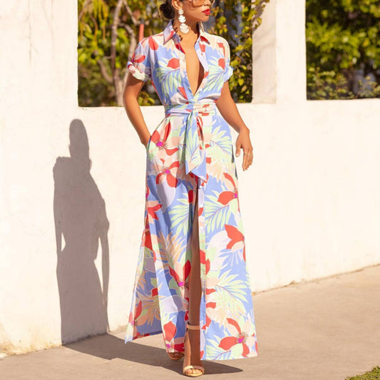 Printed lace-up Bohemian dress