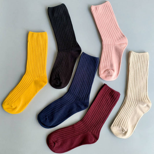 Solid Color Vertical Stripes Cotton Crew Socks_CWMS074