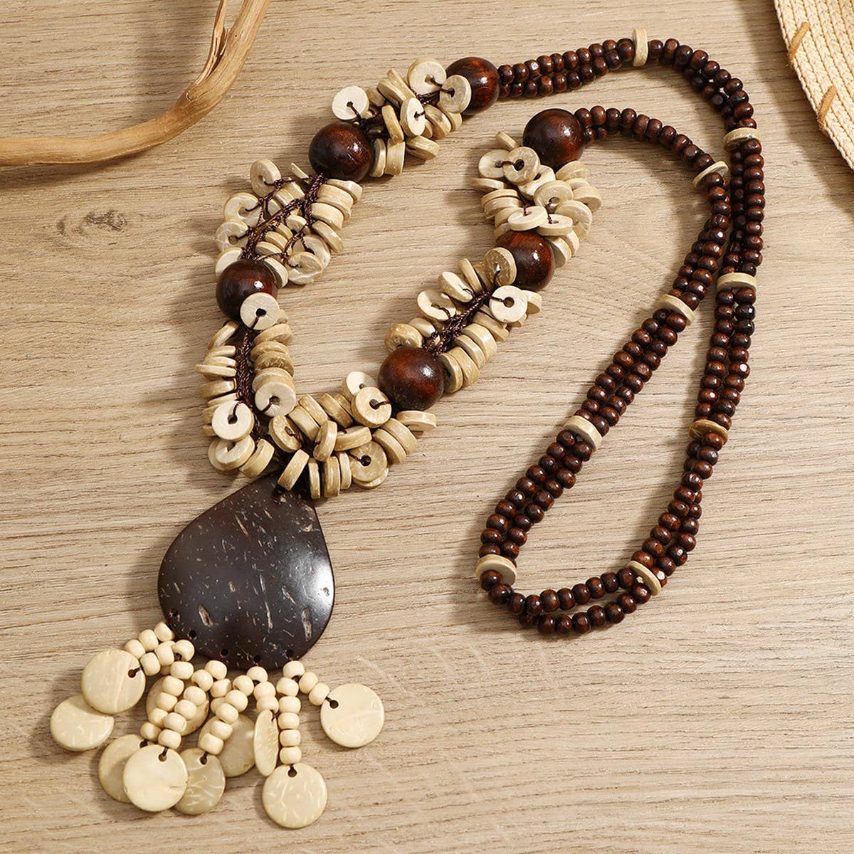VINTAGE WOODEN BEAD COCONUT SHELL NECKLACE