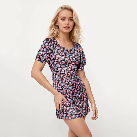 V-neck short-sleeved belt print short dress