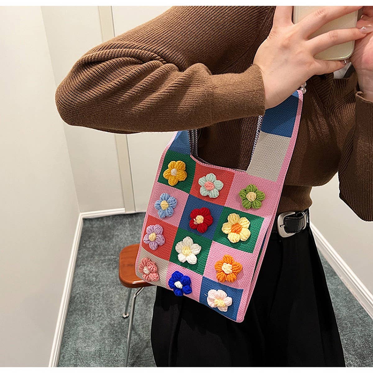 FASHION SIMPLE KNITTED FLOWER TOTE BAG_CWAB2419