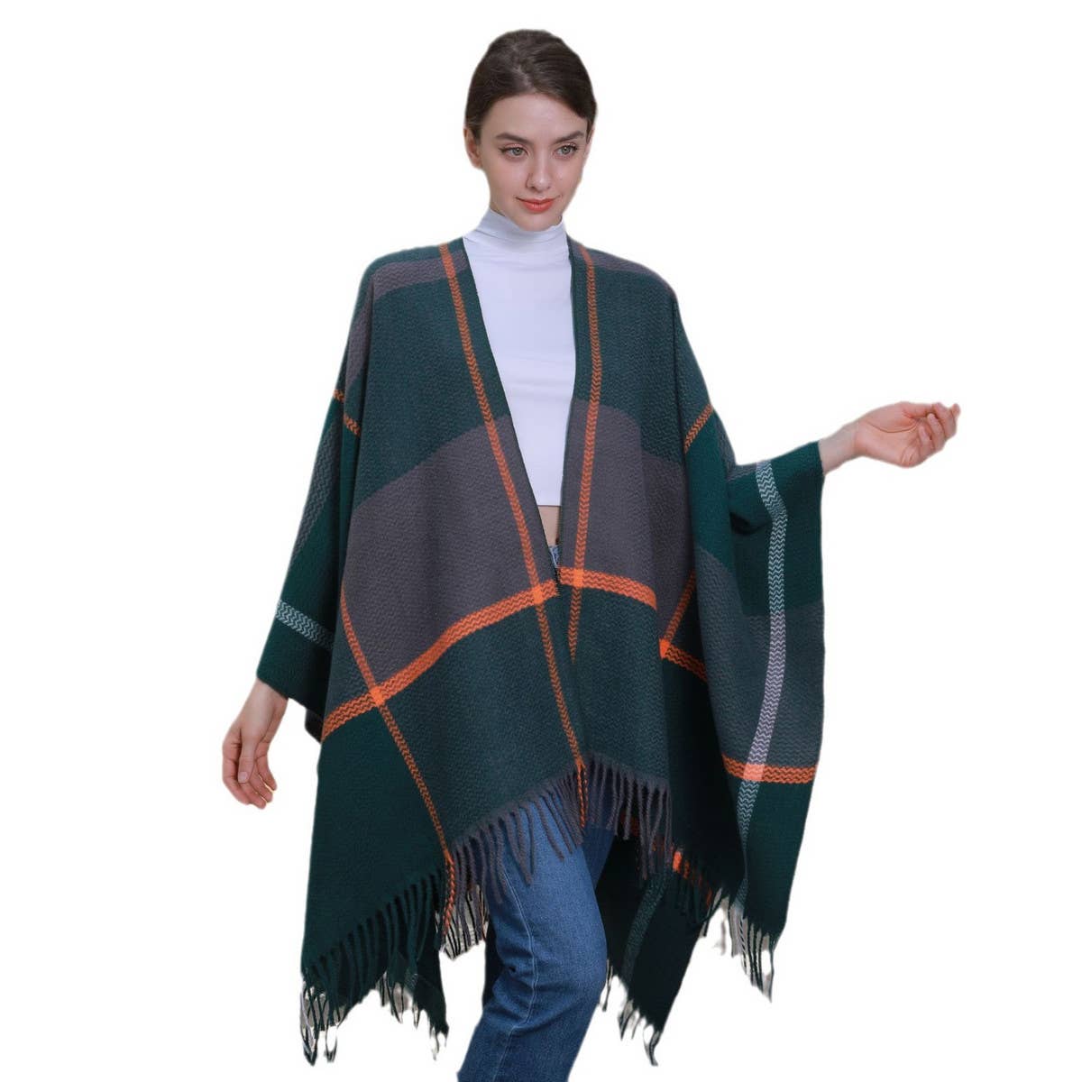 WOMEN THICKENED TASSEL PINSTRIPE SHAWL CAPE