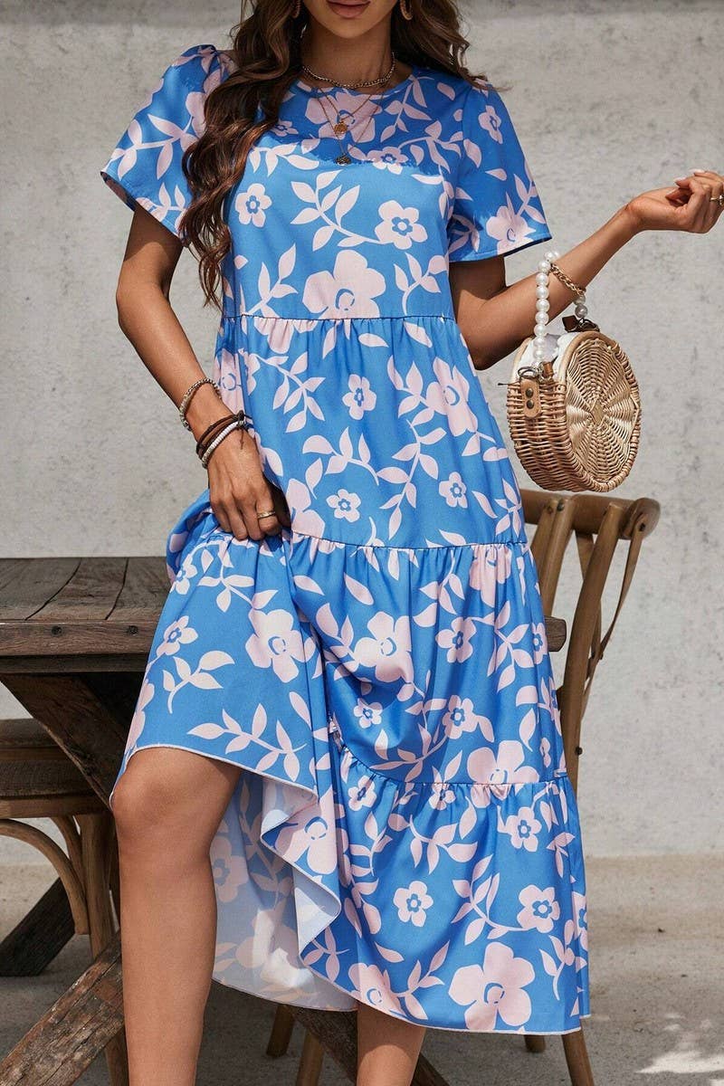 CWDMD4445_FLORAL PRINT MULTI-LAYERED RUFFLE PATCHWORK DRESS