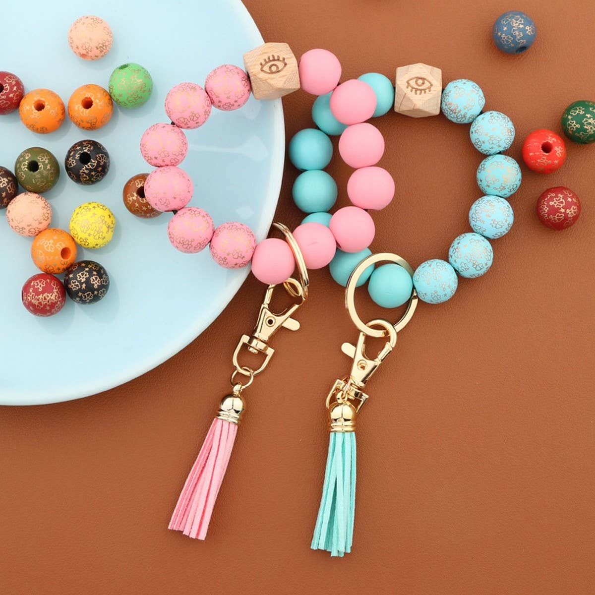 Printed Wood Bead Bracelet with PU Tassel Keychain_CWMM7015