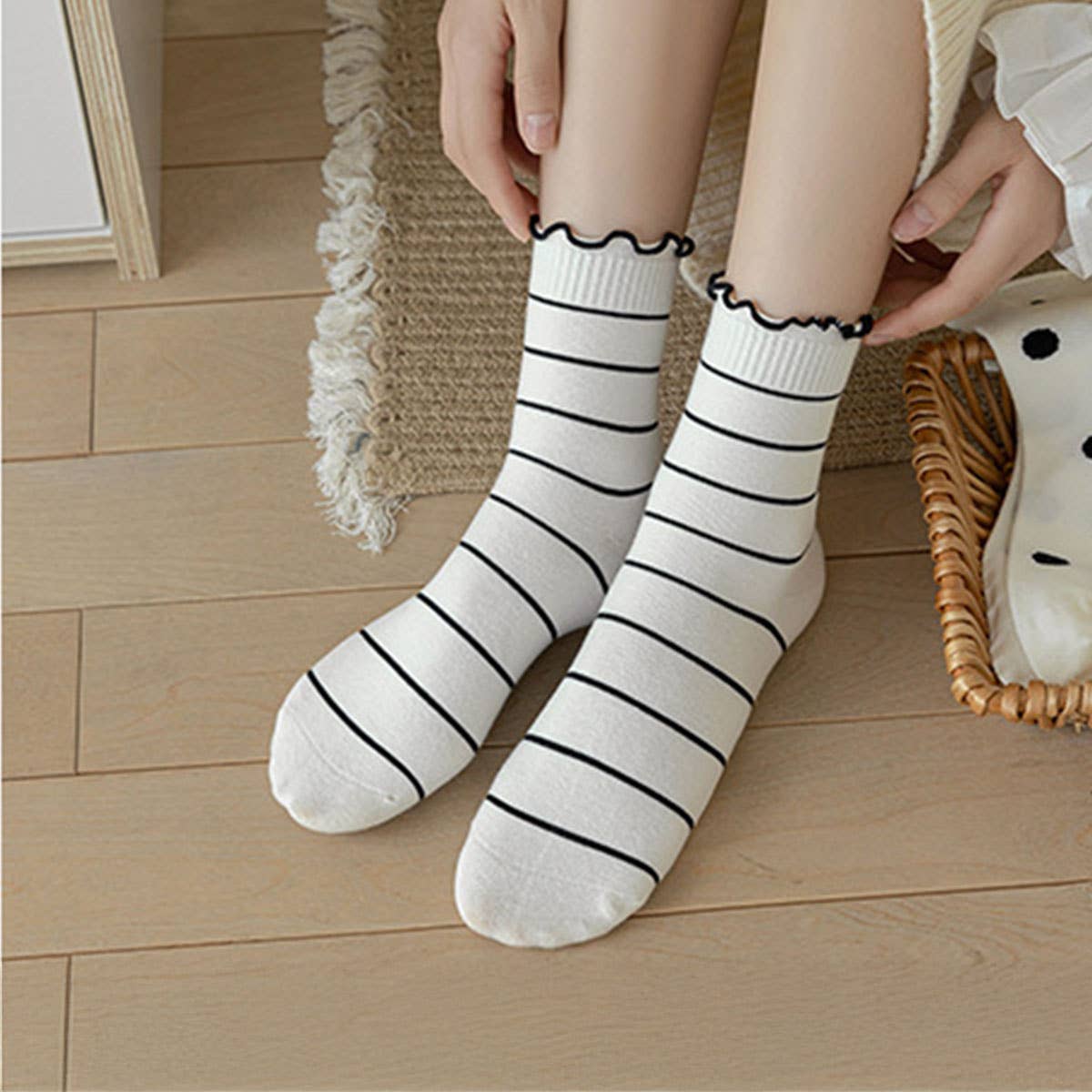 Cute Dots, Stripes,Bow Ruffle White Crew Socks
