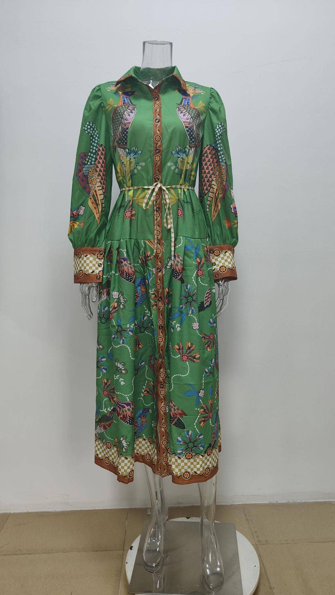 LANTERN SLEEVE PRINTED LAPEL LONG-SLEEVED DRESS