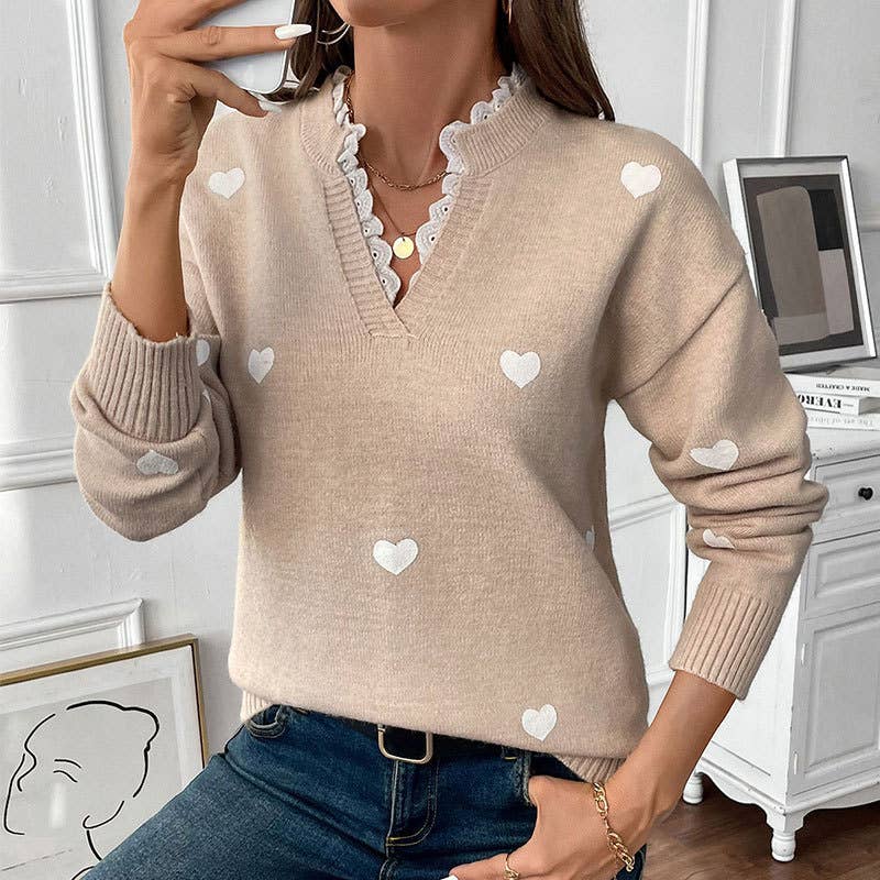 Valentine's Day V-neck lace knitted sweater