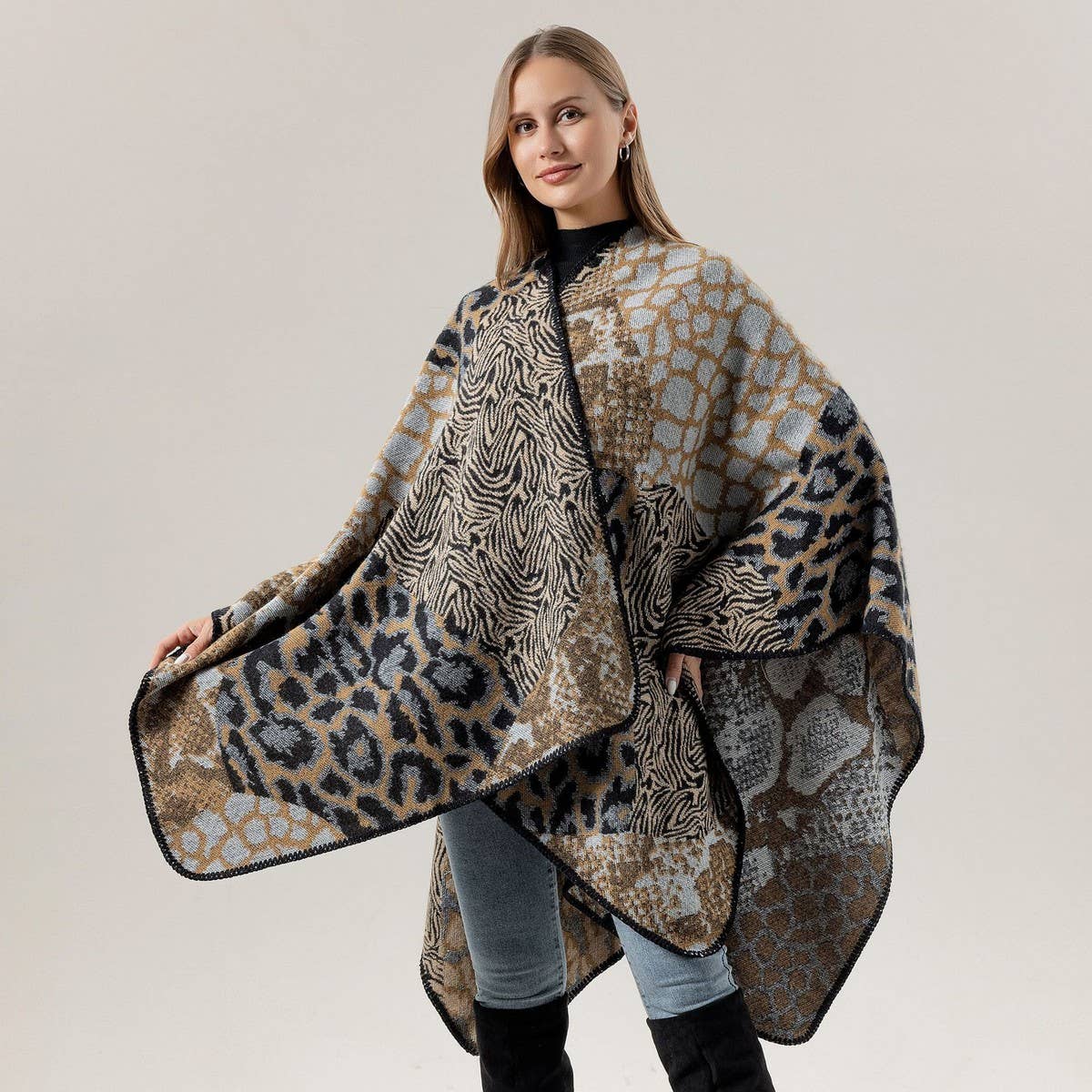 LEOPARD PRINT SCARF SLIT SHAWL FASHION CAPE