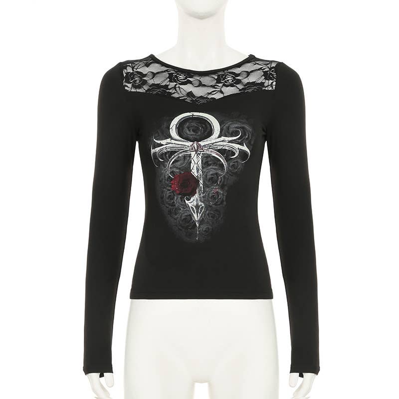 Vintage rose floral print lace patchwork T-shirt