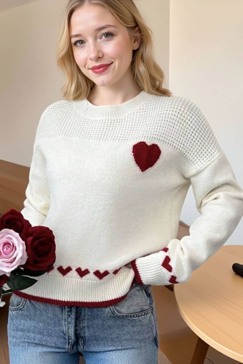 CWOSWL07352_LOOSE PULLOVER CREWNECK HEART KNIT SWEATER