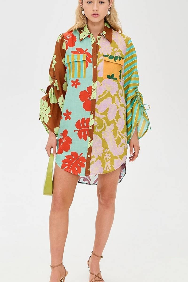 CWDSD8273_NEW CASUAL COLORBLOCK SLIT LONG SHIRT DRESS