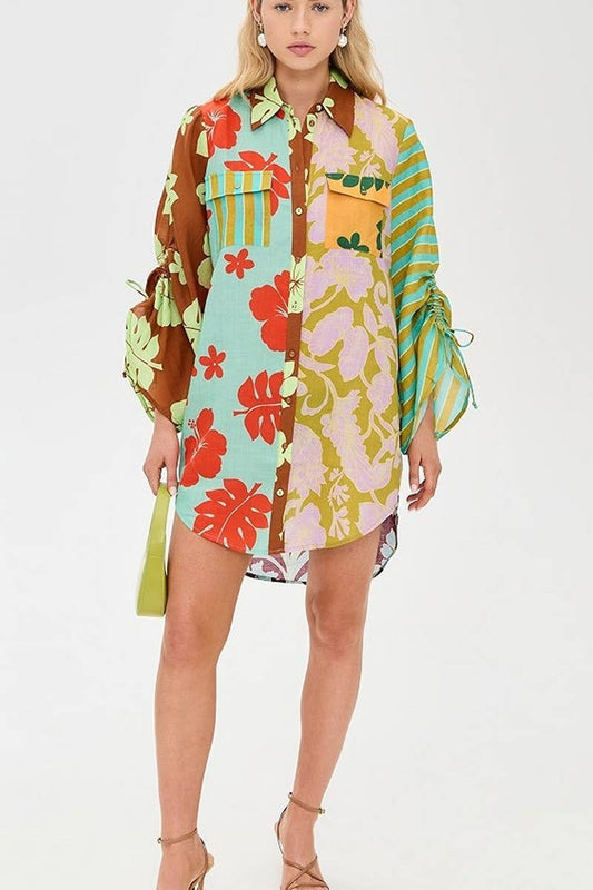 CWDSD8273_NEW CASUAL COLORBLOCK SLIT LONG SHIRT DRESS