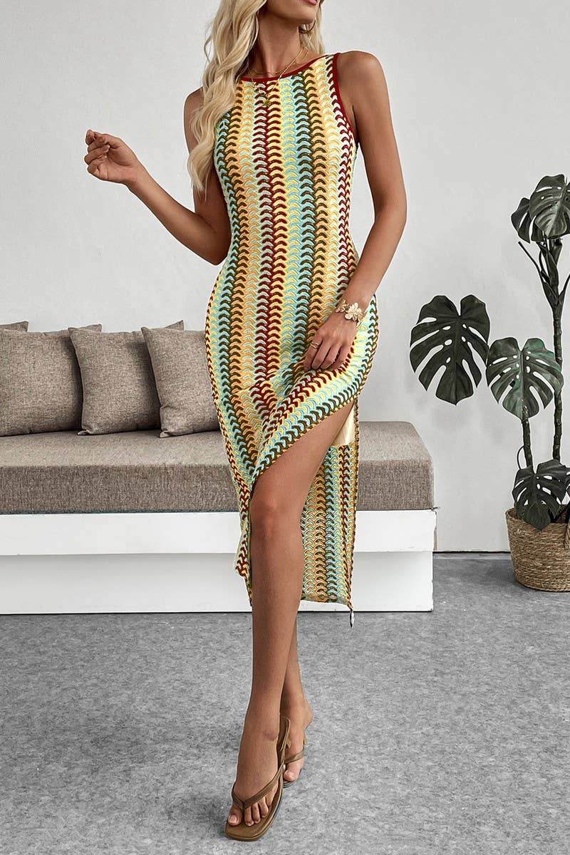 CWDMD6292_STRIPED CROCHET SLEEVELESS BODYCON TANK DRESS