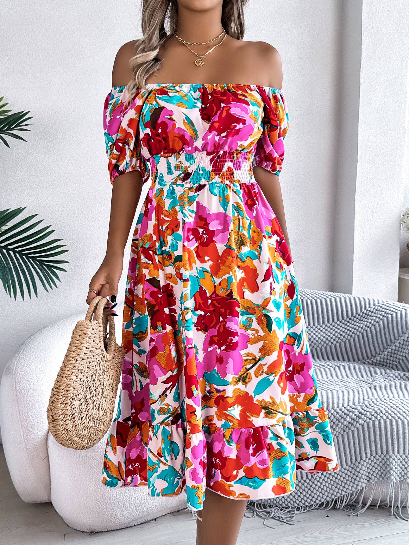 Printed square collar waist peplum A-line dress
