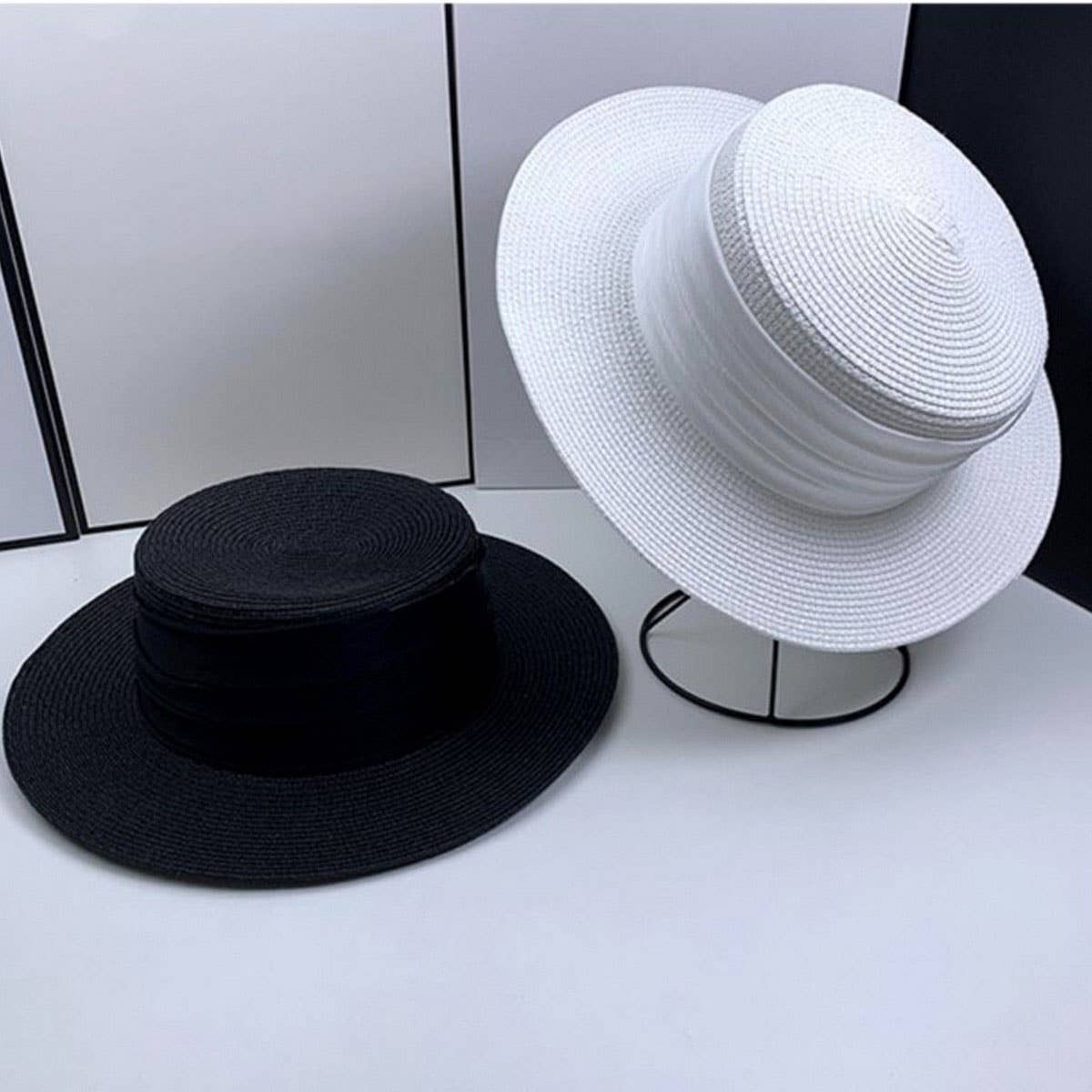 Summer Flat Top Premium Satin Straw Hat_CWAH3416
