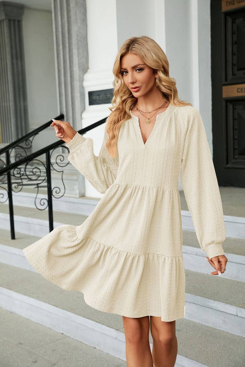 CWDSD6464_AUTUMN WINTER V-NECK LONG-SLEEVED DRESS SHORT
