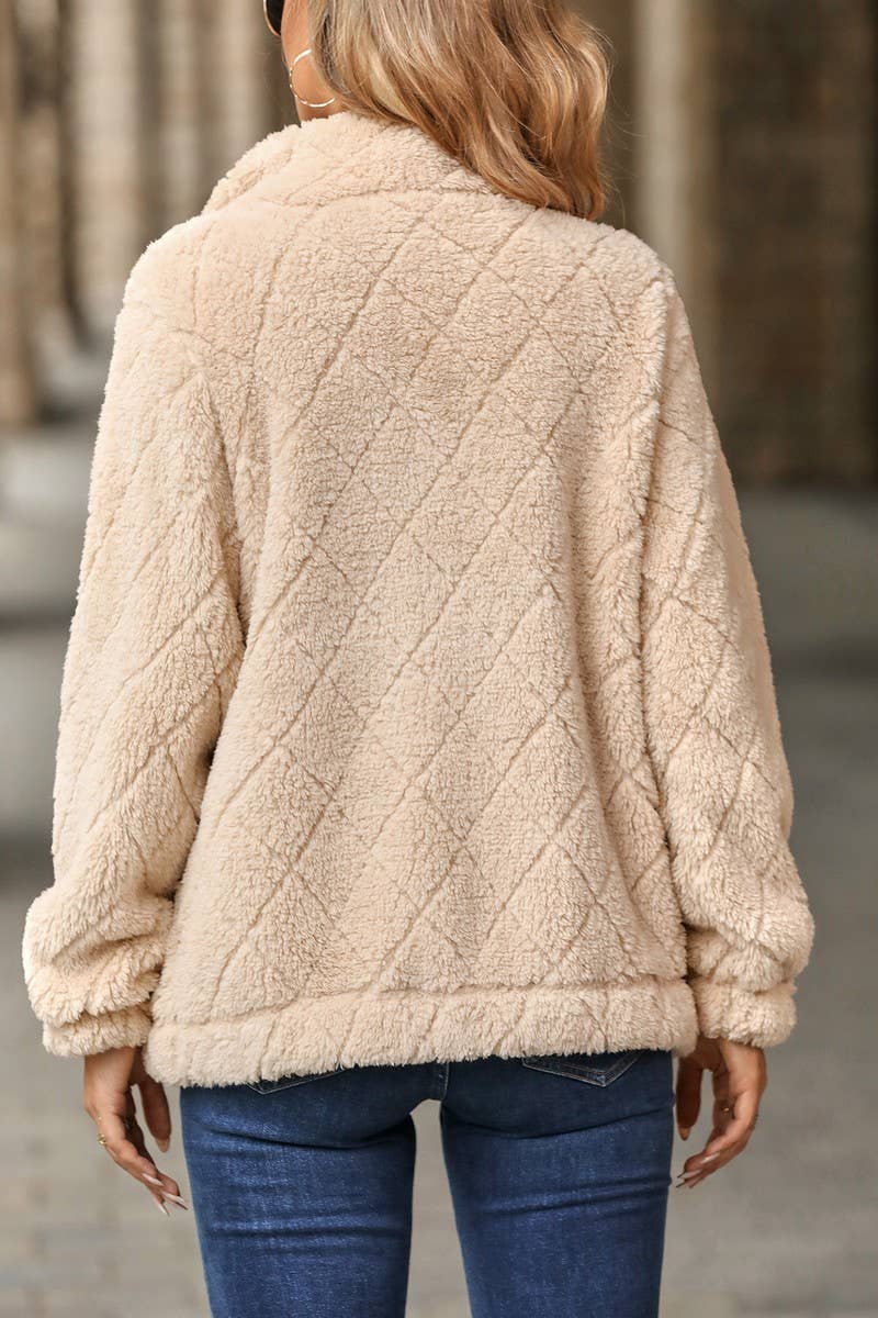 WOMEN SOLID QUILTING LAPEL FLEECE PLUSH JACKET_CWOJA0637