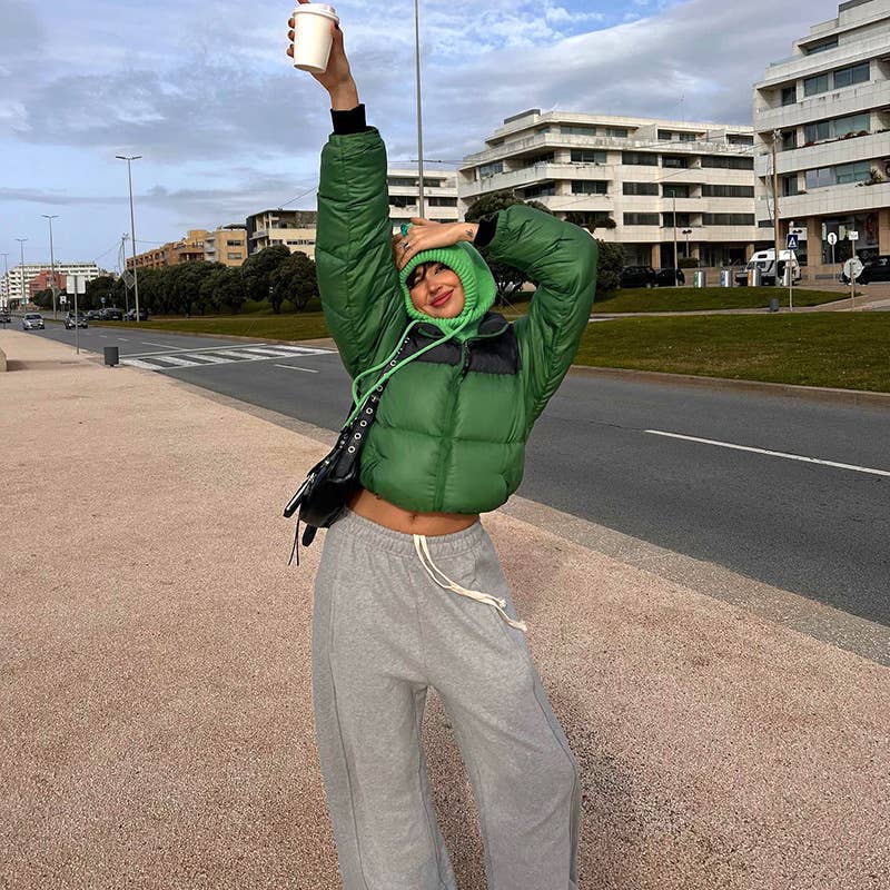 SOLID COLOR ROUND NECK ZIPPER POCKET BREAD JACKET