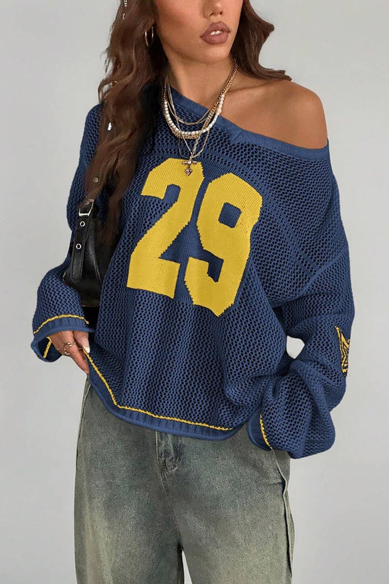 CWOSWL07739_2025 STREETWEAR NUMBER PRINT V NECK KNIT SWEATER