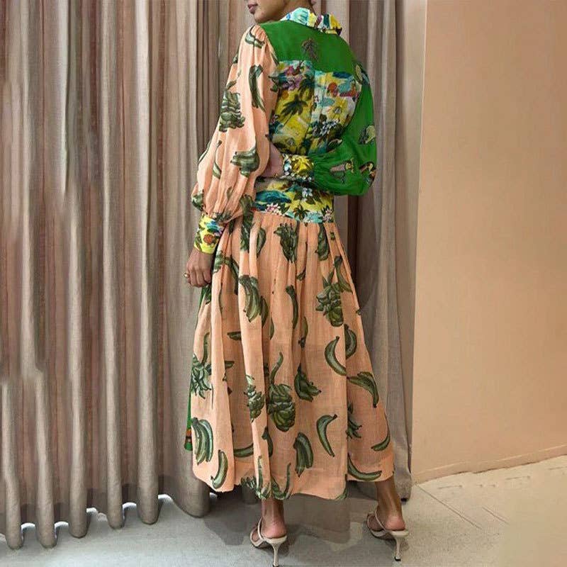 LANTERN SLEEVE PRINTED LAPEL LONG-SLEEVED DRESS
