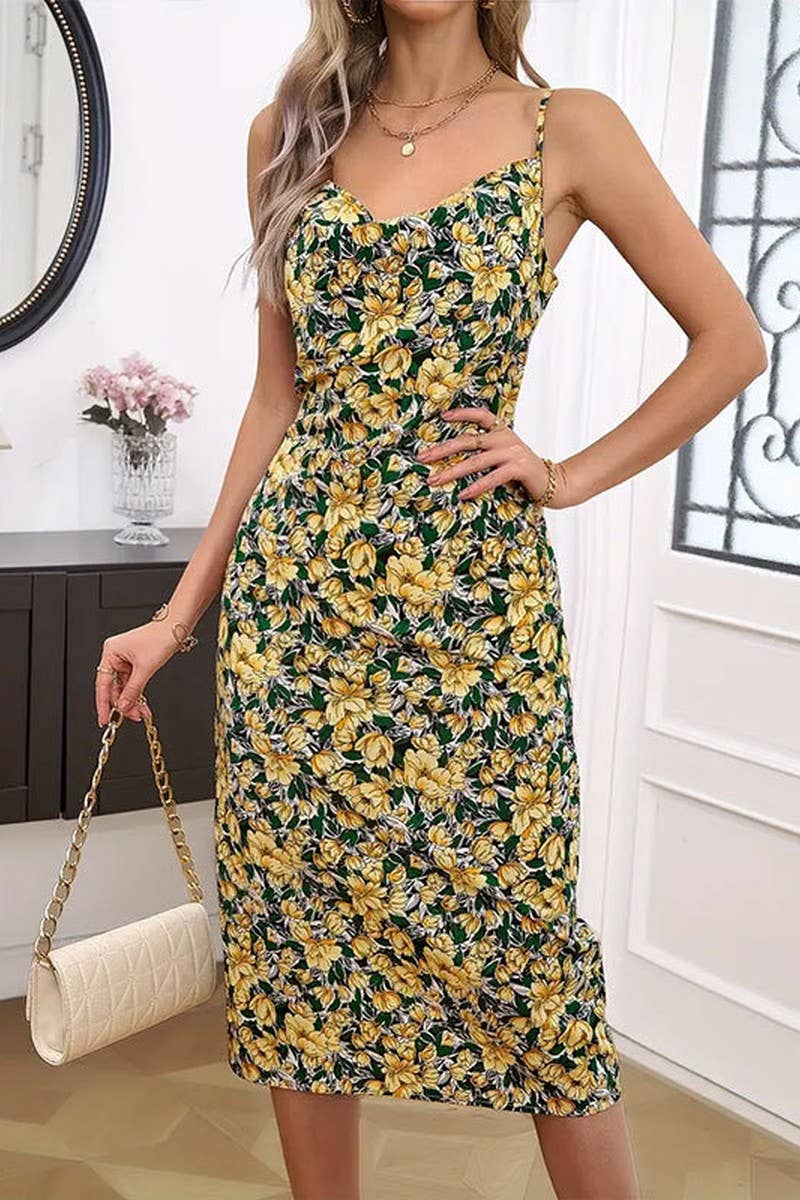 CWDHL0791_SUMMER ELEGANT DRAPE NECK SMALL FLORAL SLING DRESS