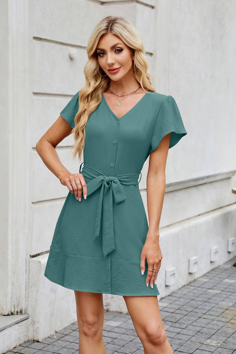 CWDSD7313_SOLID COLOR V-NECK BUTTON SHORT SLEEVE DRESS