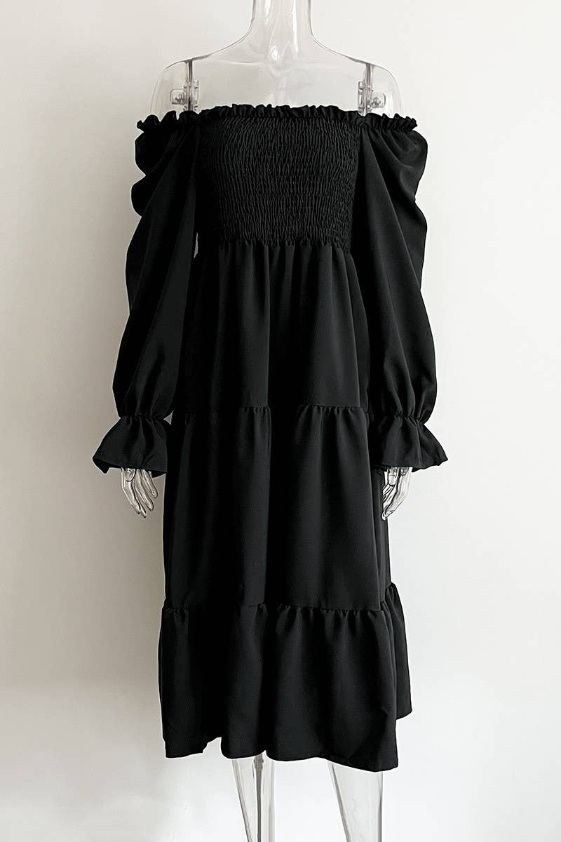 CWDMD4822_RUFFLED SQUARE NECK TRUMPET SLEEVE SWING DRESS