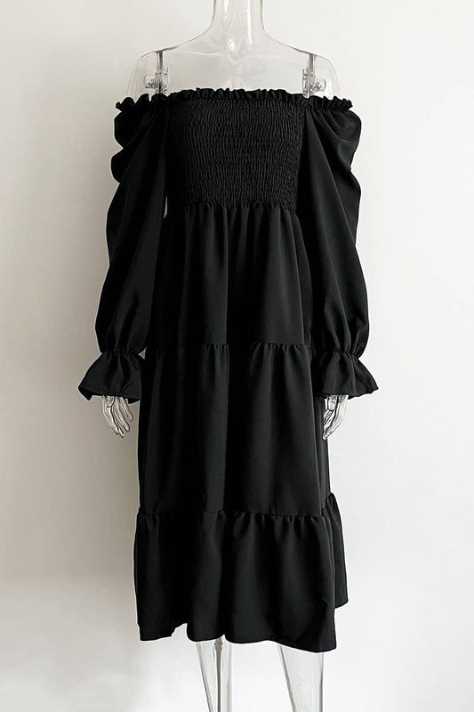 CWDMD4822_RUFFLED SQUARE NECK TRUMPET SLEEVE SWING DRESS