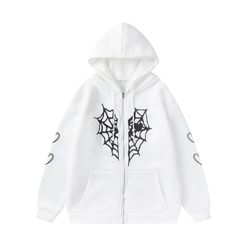SPIDER WEB HEART ZIPPER FLEECE HOODED CARDIGAN
