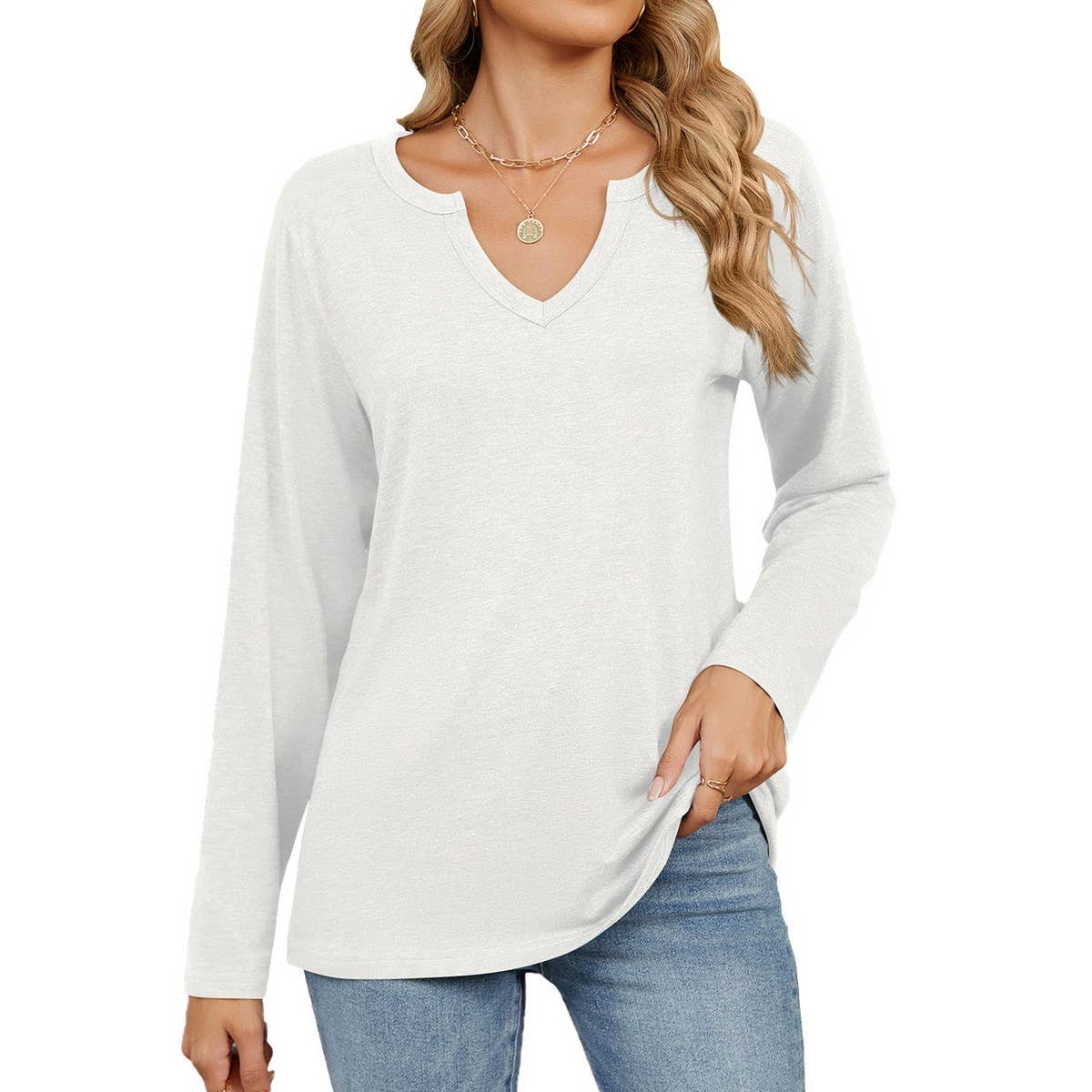 V-neck color cotton long sleeve loose T-shirt