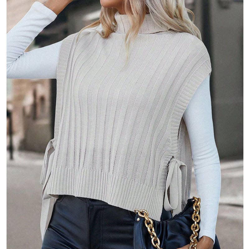 Solid-color high-neck sleeveless lace-up vest