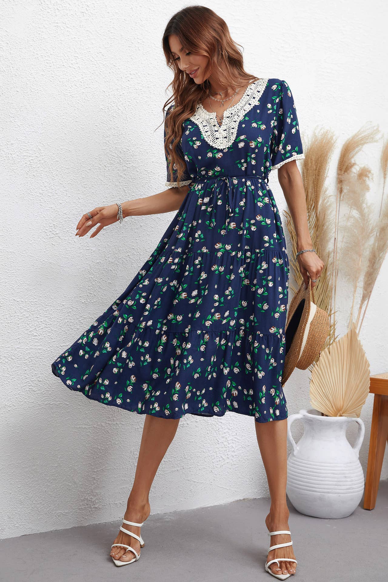 FASHION FLORAL V-NECK SHORT-SLEEVED DRESS