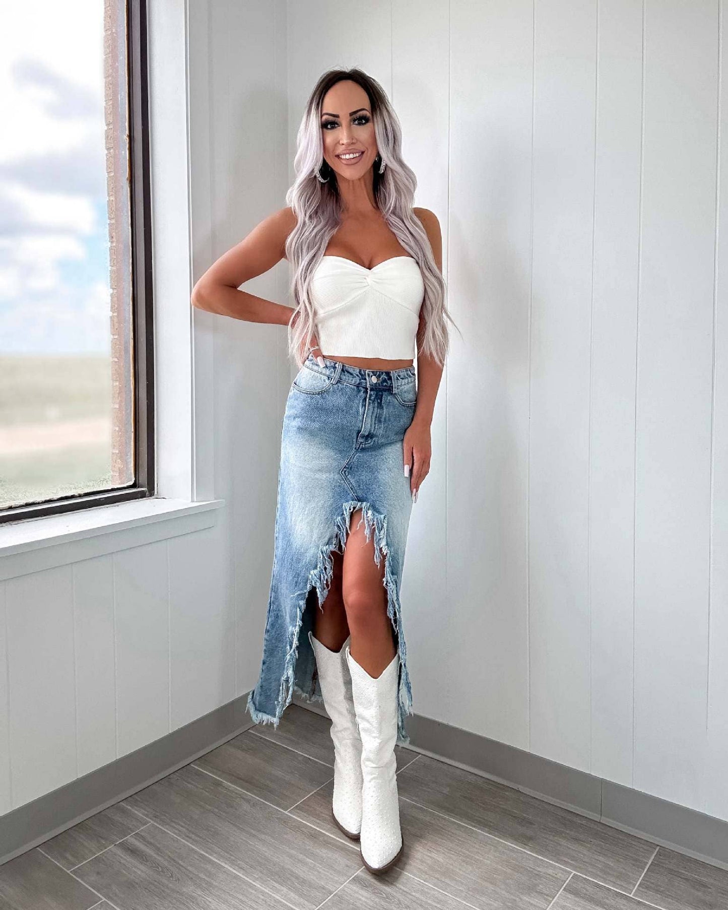 High-Waisted Asymmetrical Frayed Denim Skirt