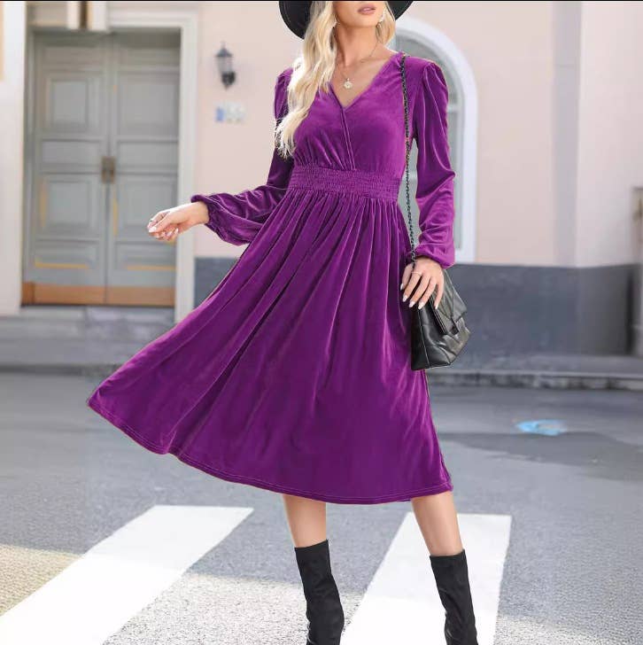 SOLID COLOR V-NECK PLEATED HIGH-WAISTED DRESS