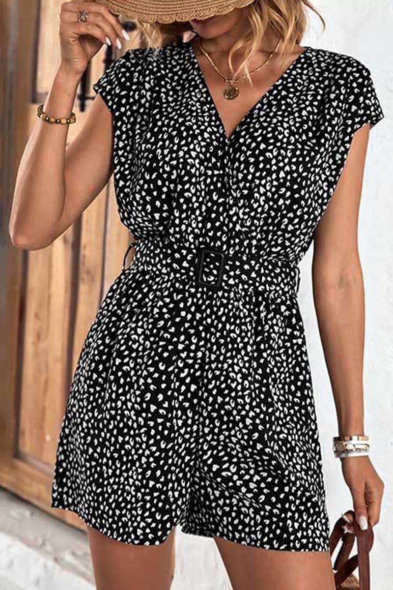 STYLISH BELT PRINT V-NECK JUMPSUIT