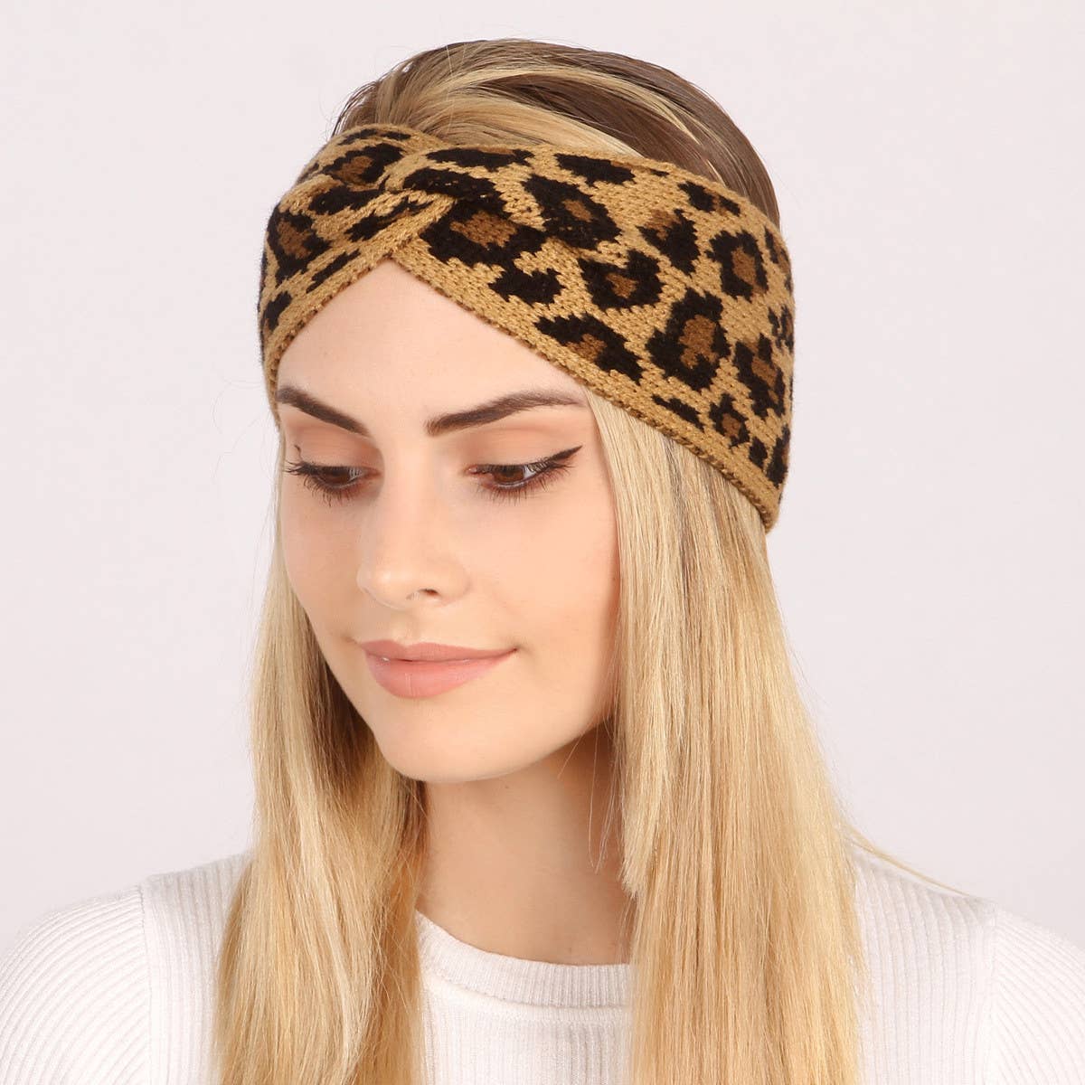 VINTAGE WARM LEOPARD PRINT KNITTED WOOL HEADBAND